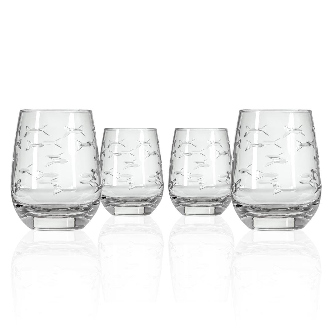 Rolf Glass School of Fish 15oz Clear Heavy Base Stemless Wine Glass set of 4