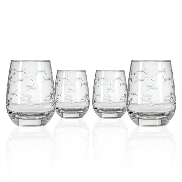 Rolf Glass School of Fish 15oz Clear Heavy Base Stemless Wine Glass set of 4