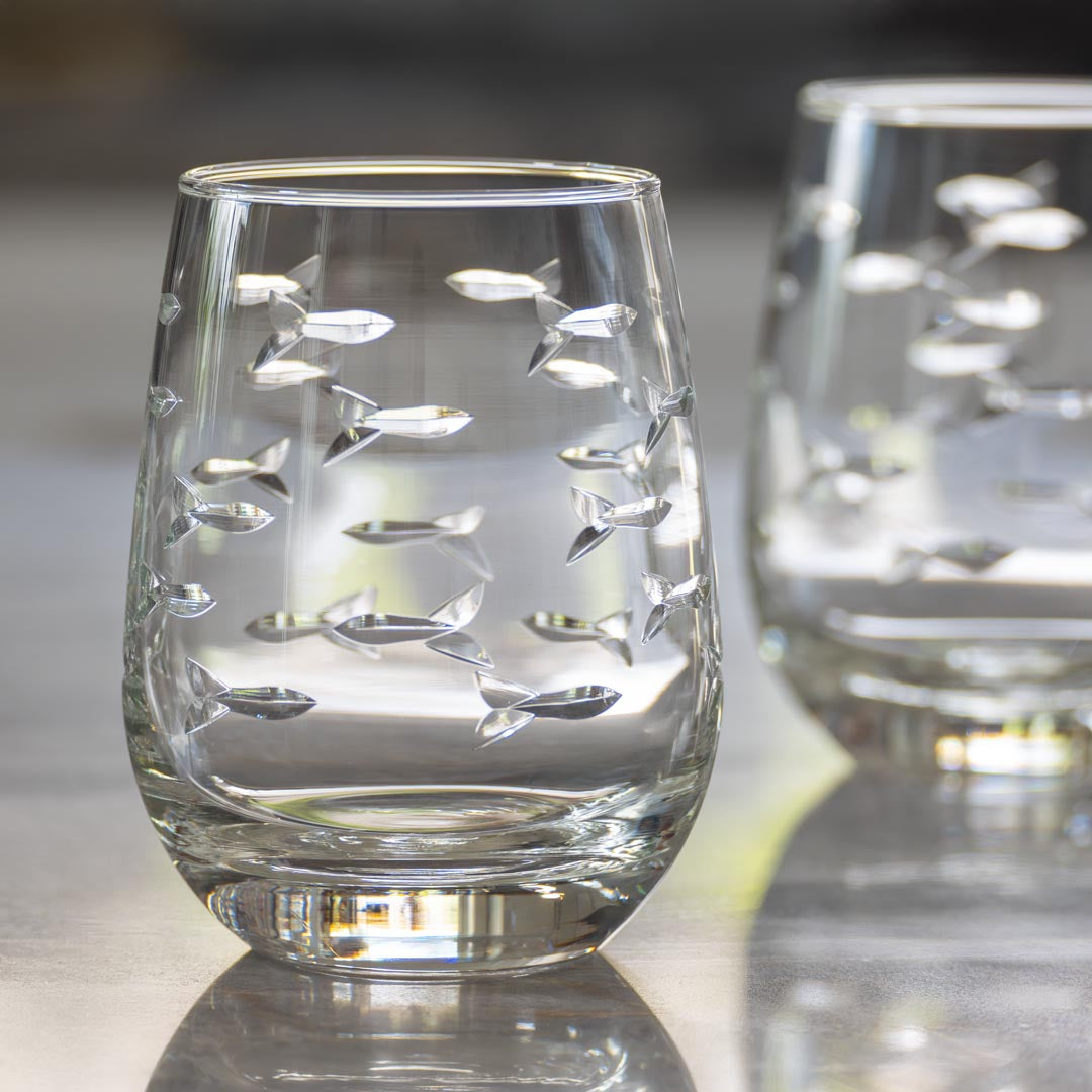 Rolf Glass School of Fish 15oz Clear Stemless Wine Glass in the kitchen