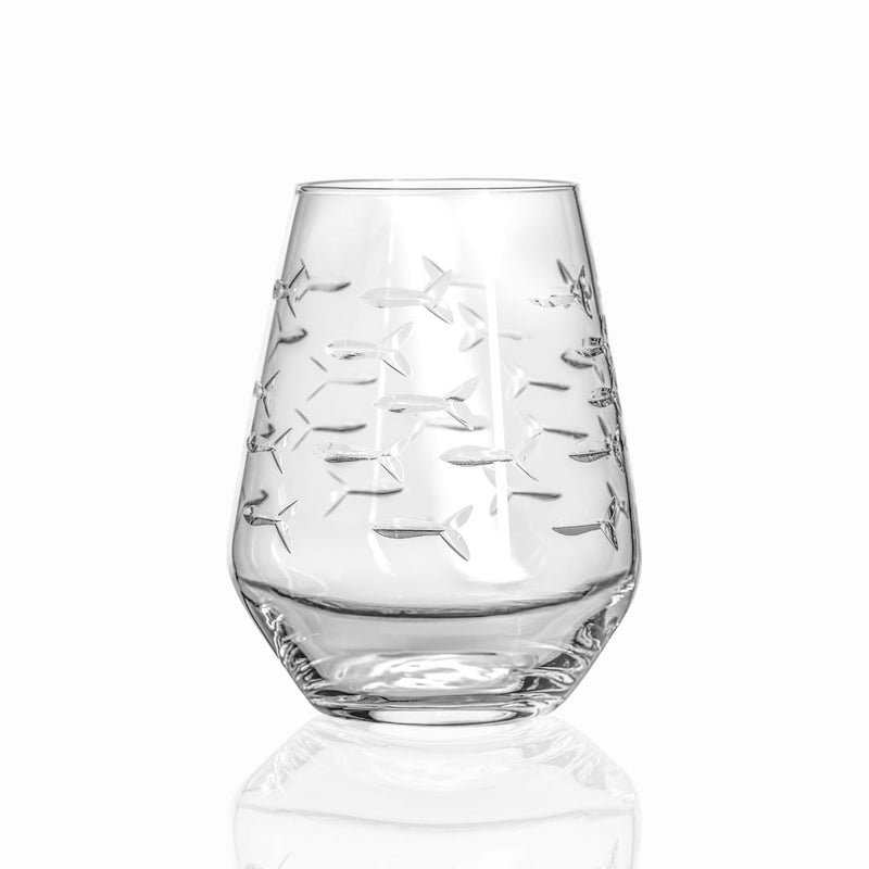 Rolf Glass School of Fish 18oz Stemless Wine Tumbler Glass front view on white background