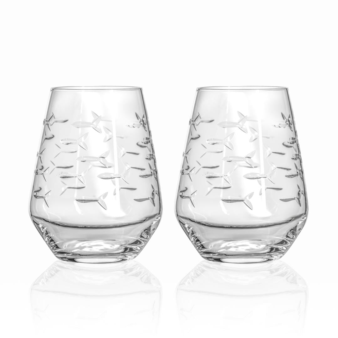 Rolf Glass School of Fish 18oz Stemless Wine Tumbler Glass set of 2 front view on white background
