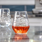 Rolf Glass School of Fish 18oz Stemless Wine Tumbler Glass filled with red on a granite kitchen counter