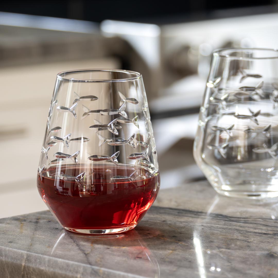 Rolf Glass School of Fish 18oz Stemless Wine Tumble Glass in the kitchen