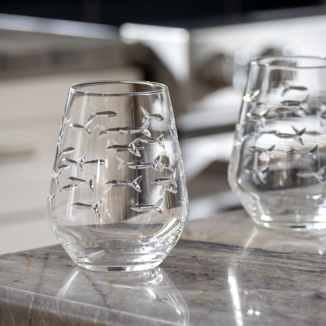 Rolf Glass School of Fish 18oz Stemless Wine Tumble Glass in the kitchen