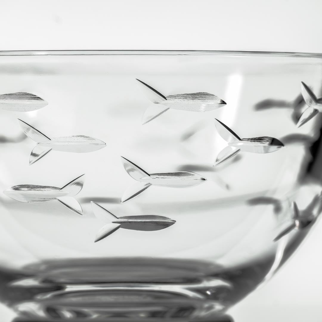 Rolf Glass School of Fish Small Round Glass Bowl detailed fish engraving