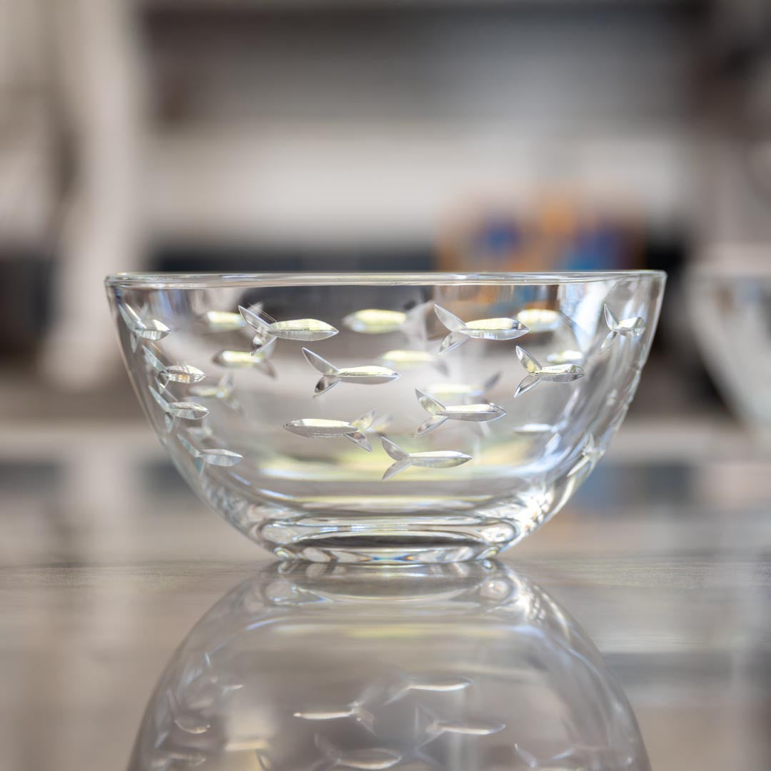 Rolf Glass School of Fish Small Round Glass Bowl on the counter