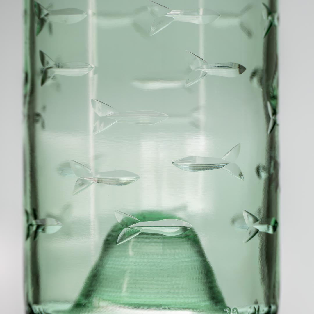 School of Fish Twice Around 12oz Antique Green Repurposed Tumbler detailed closeup by Rolf Glass