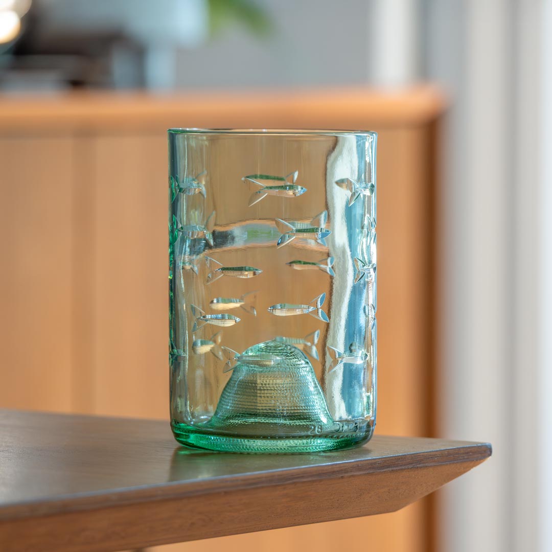 School of Fish Twice Around 12oz Antique Green Repurposed Tumbler by Rolf Glass
