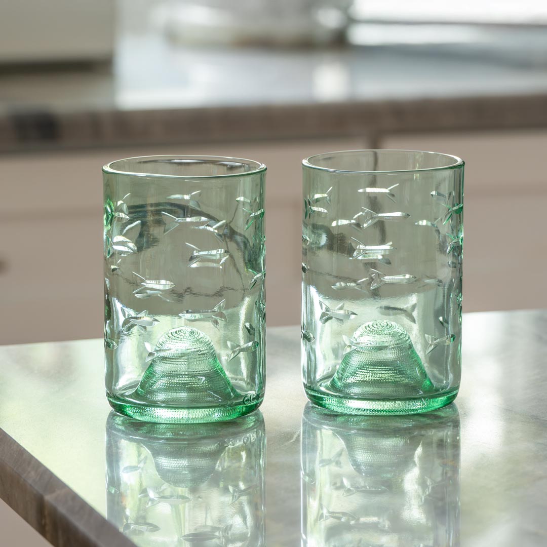 School of Fish Twice Around 12oz Antique Green Repurposed Tumbler by Rolf Glass