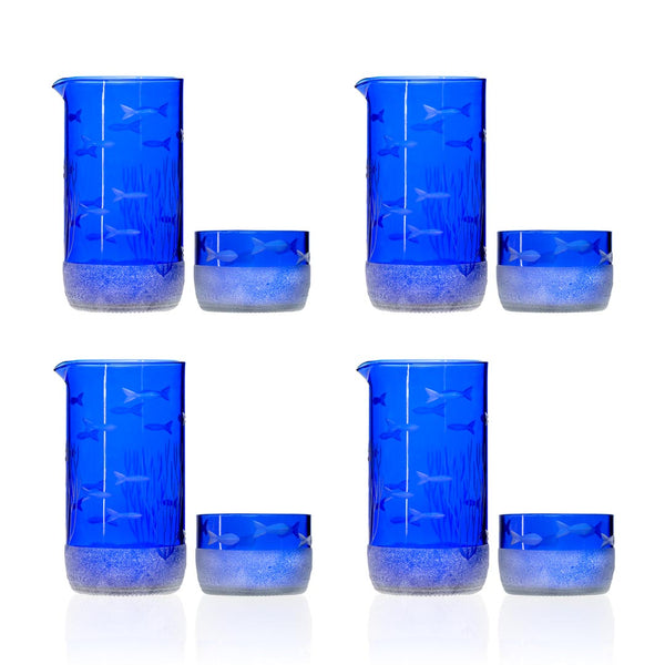 Rolf Glass School of Fish Twice Around Blue 13oz Pitcher and 2 Inch Mini Sipper Giftbox Set GB 4