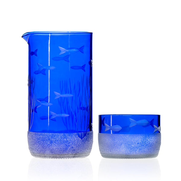 Rolf Glass School of Fish Twice Around Blue 13oz Pitcher and 2 Inch Mini Sipper Giftbox Set