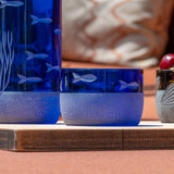 Rolf Glass School of Fish Twice Around Blue 13oz Pitcher and 2 Inch Mini Sipper Giftbox Set detailed fish engraving