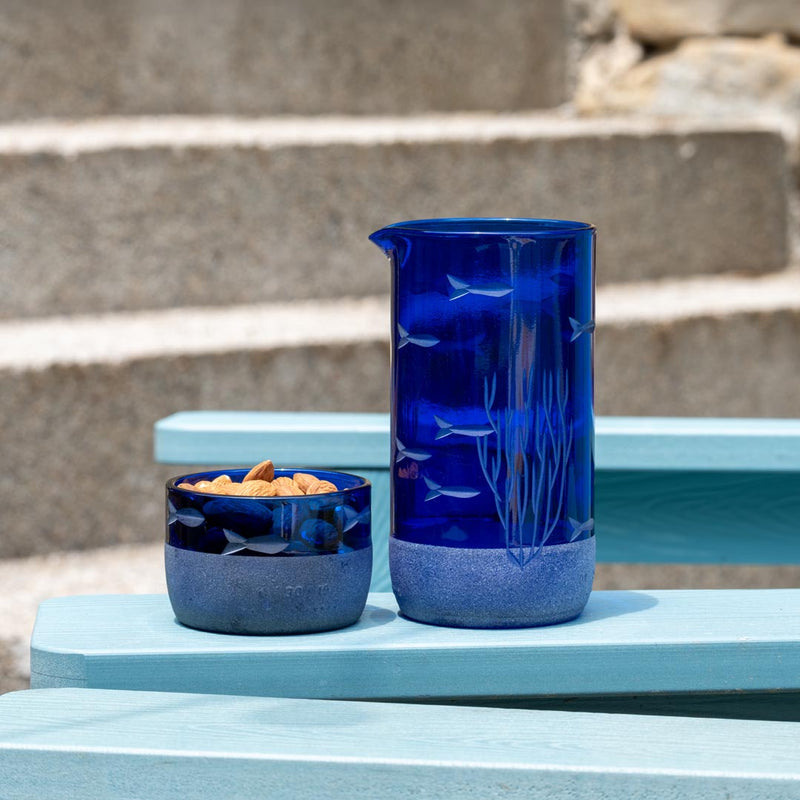 Rolf Glass School of Fish Twice Around Blue 13oz Pitcher and 2 Inch Mini Sipper Giftbox Set is recycling at its best