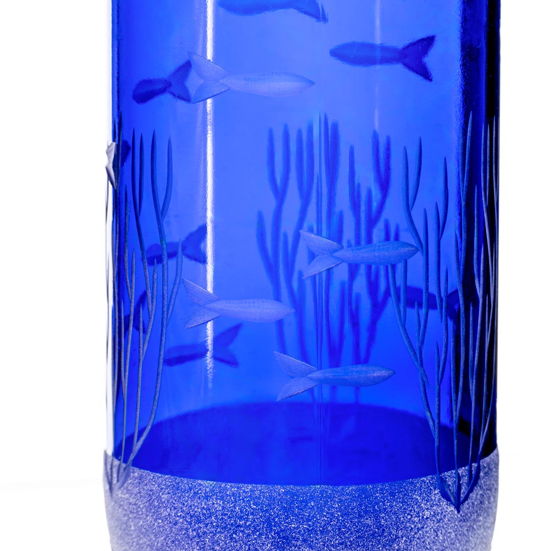 Rolf Glass School of Fish Twice Around Blue 13oz Pitcher Detailed Engraving