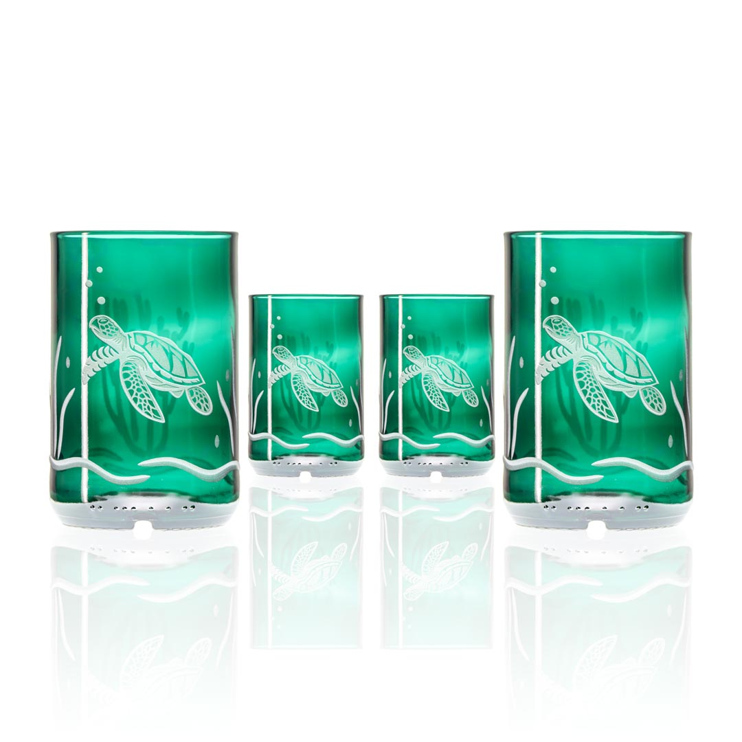 Sea Turtle Twice Around 12oz Teal Repurposed Tumbler Set of 4  by Rolf Glass