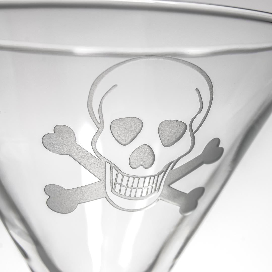 Rolf Glass Skull and Crossbones 10oz Martini Cocktail Glass detailed sand engraving