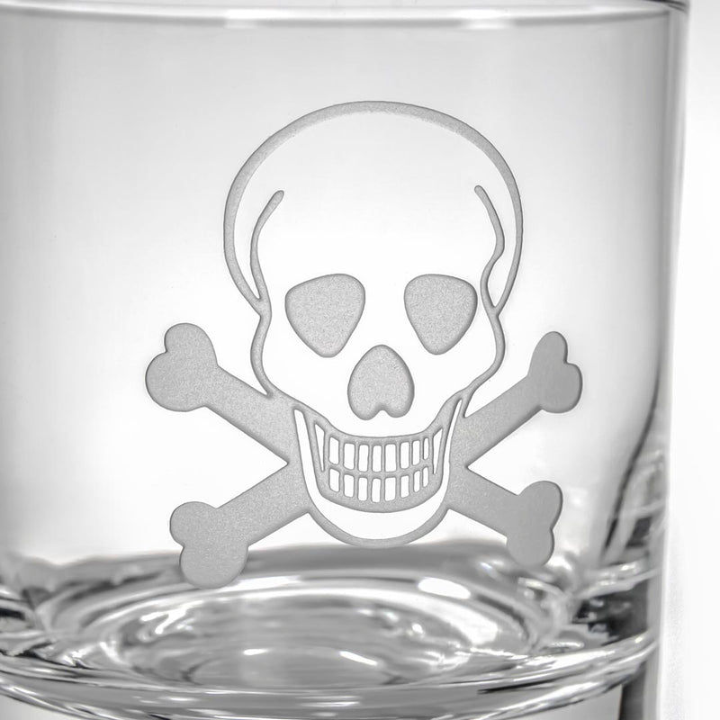 Rolf Glass Skull and Crossbones 13oz Double Old Fashioned Whiskey Cocktail Glass detail sand engraving