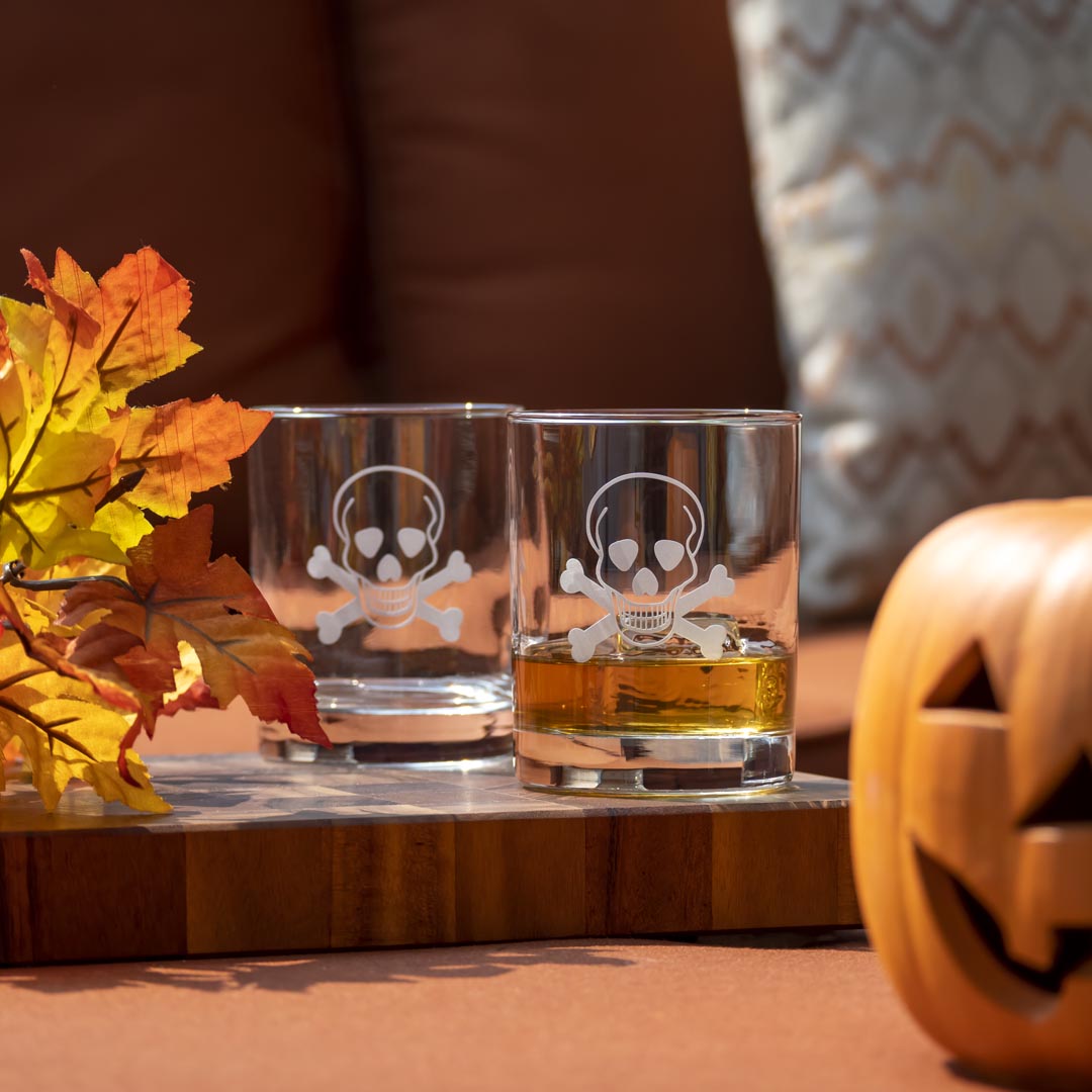 Rolf Glass Skull and Crossbones 13oz Double Old Fashioned Whiskey Cocktail Glass is the best Halloween home decor you can find.