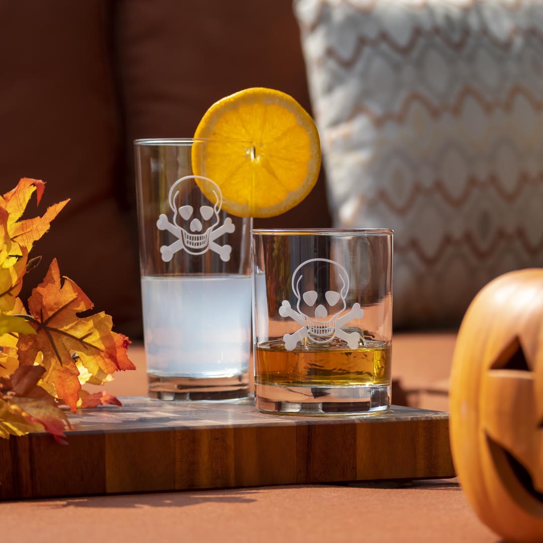 Rolf Glass Skull and Crossbones 13oz Double Old Fashioned Whiskey Cocktail and Highball Cooler Glasses 