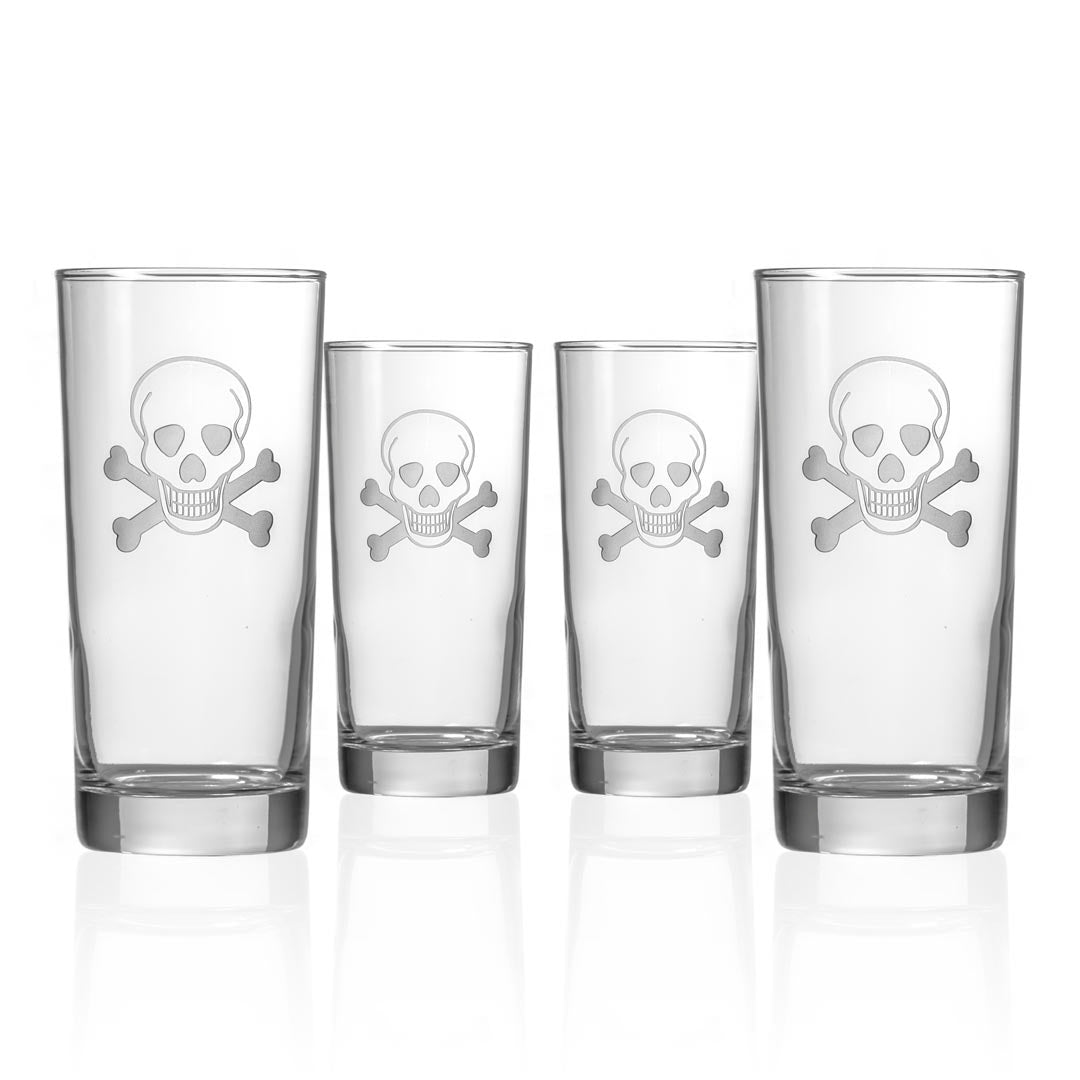 Rolf Glass Skull and Crossbones 15oz Cooler Highball Cocktail Glass set of 4