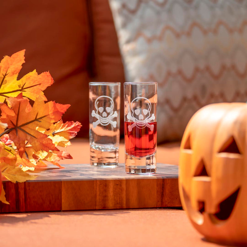 Rolf Glass Skull and Crossbones 2.5oz Cordial Shot Glass is ready for Halloween parties and fall festivals.