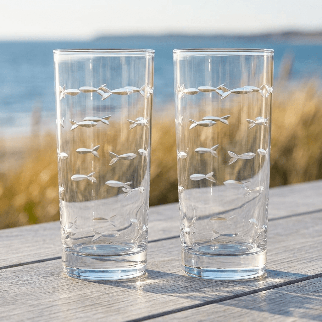 Rolf Glass School of Fish Highball Cooler Glasses set at the beach