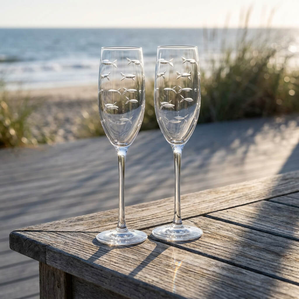 Rolf Glass School of Fish 8oz Champagne Flutes, Set of 2, by the beach