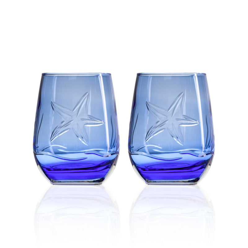 Rolf Glass Starfish 15oz Blue Stemless Wine Tumbler set of 2