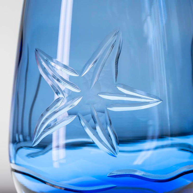 Rolf Glass Starfish 15oz Blue Stemless Wine Tumbler detailed engraving and polishing