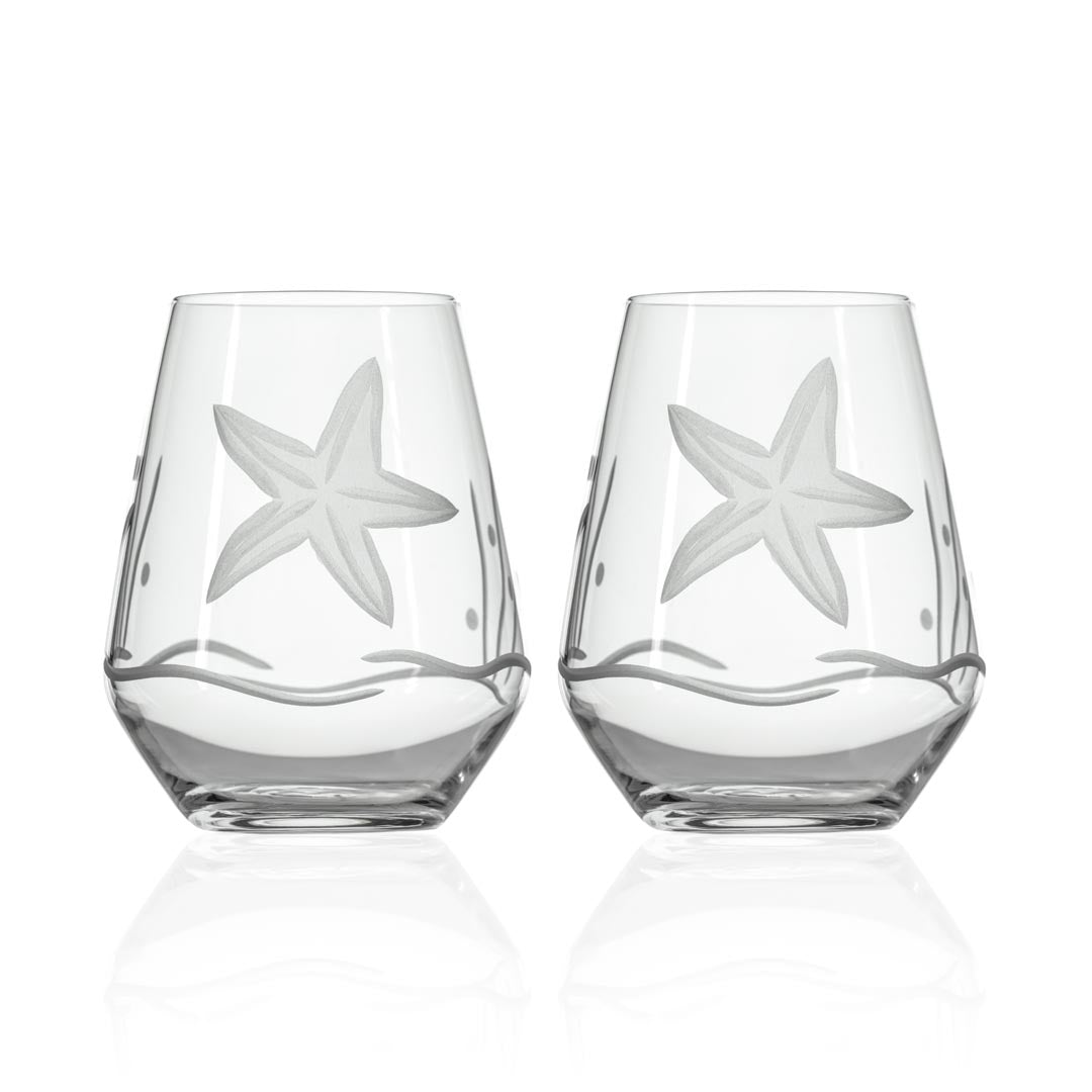 set of 2, Starfish 18oz engraved stemless wine tumbler glass, lead-free, Rolf Glass