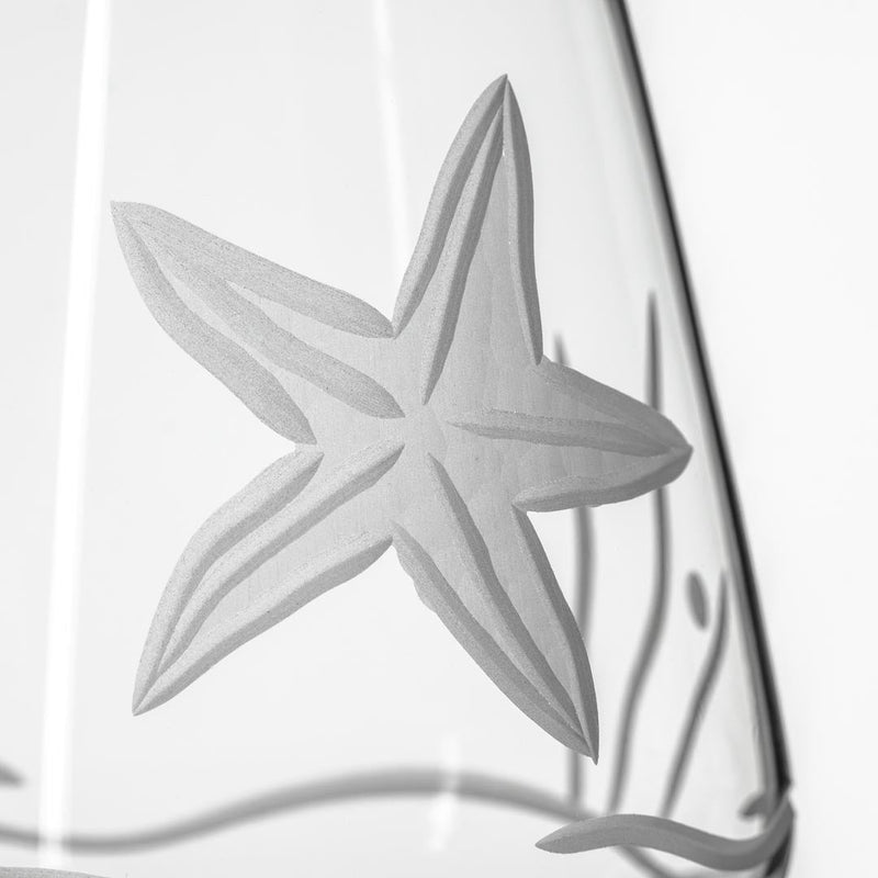 Starfish 18oz engraved stemless wine tumbler glass, lead-free, detailed view, Rolf Glass