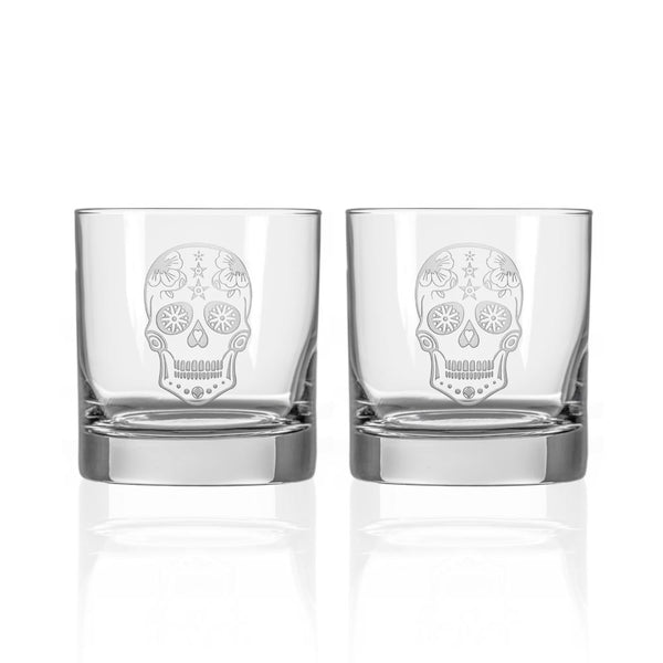 Rolf Glass Sugar Skull 11oz On the Rocks Whiskey Glass set of 2