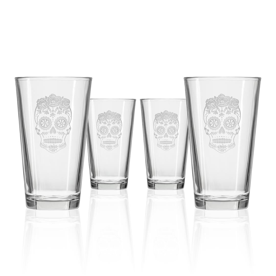Sugar Skull 16oz Beer Pint Glass Set of 4 by Rolf Glass