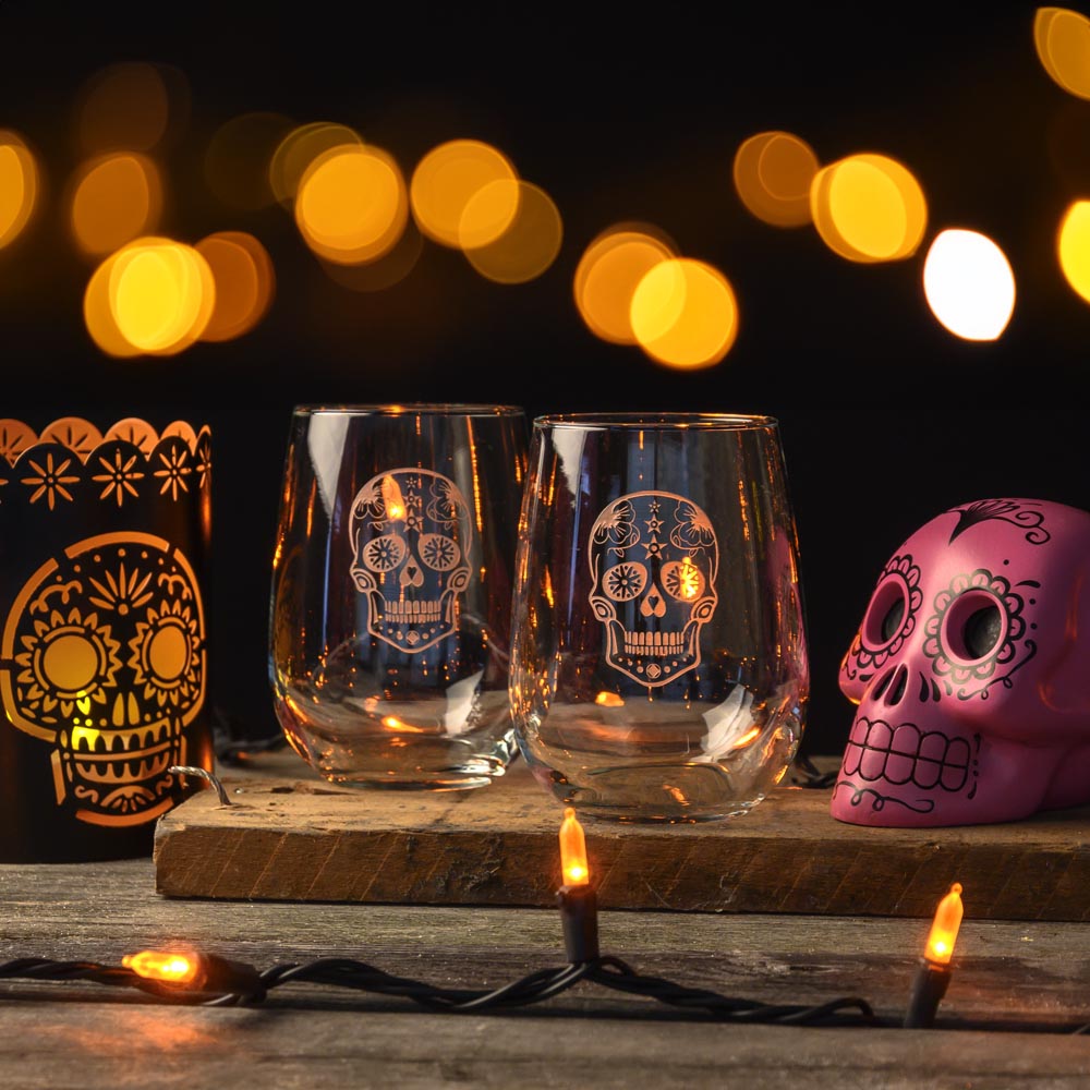 Rolf Glass Sugar Skull 17oz Stemless Wine Tumbler Glass