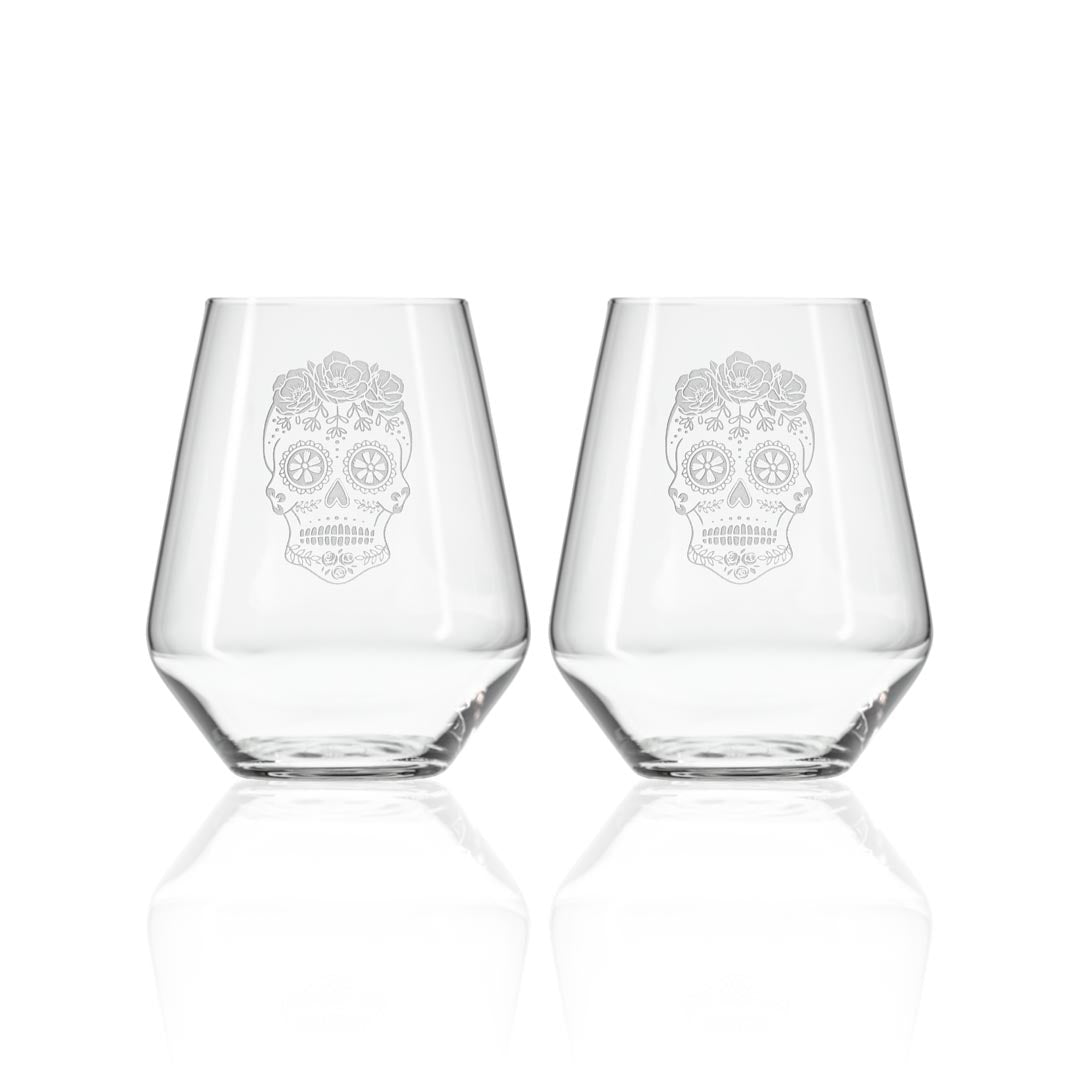 Sugar Skull 18oz Stemless Wine Glass Set of 2 by Rolf Glass