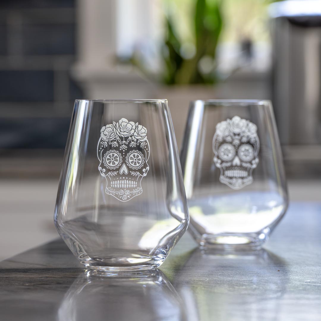 Sugar Skull 18oz Stemless Wine Glass by Rolf Glass