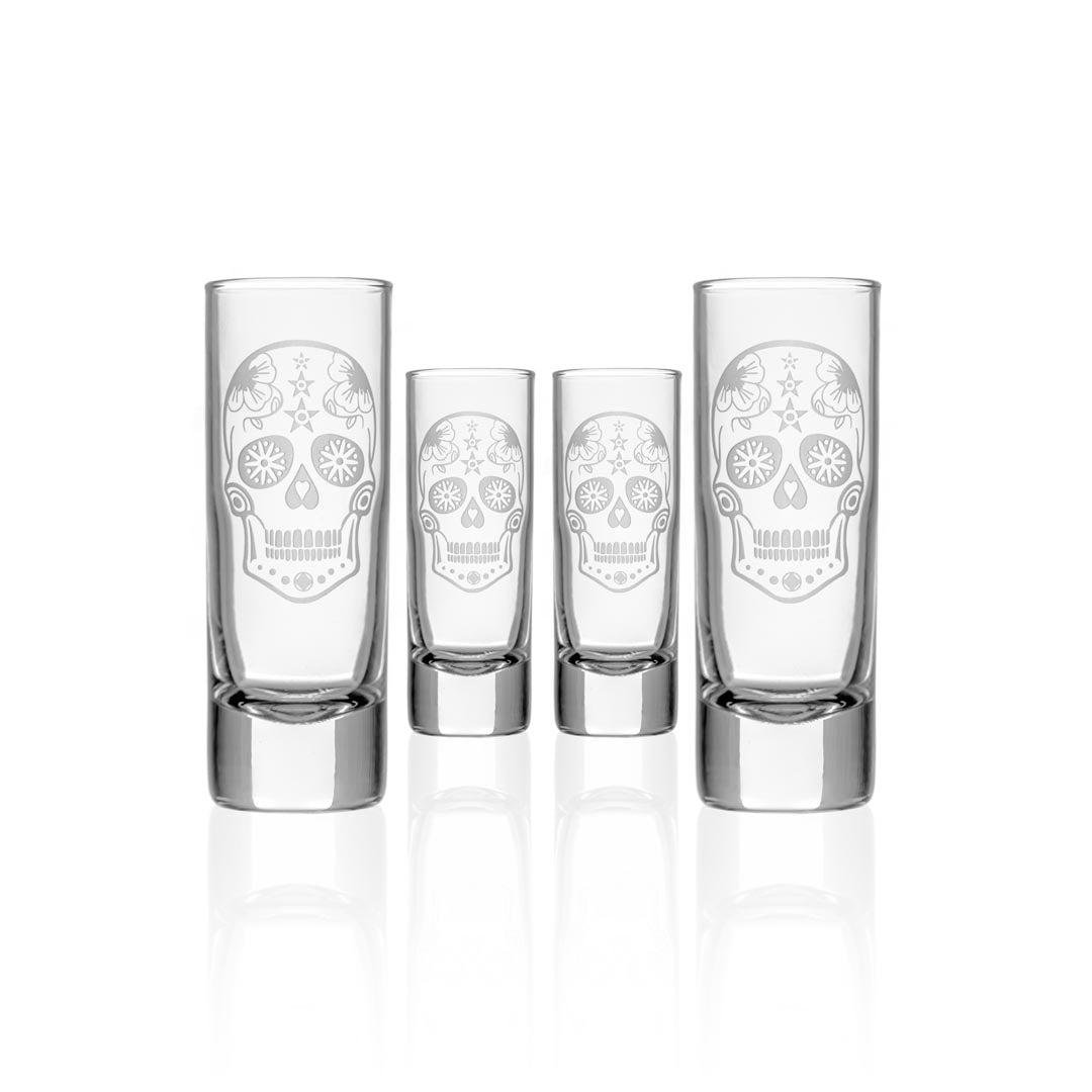 Rolf Glass Sugar Skull 2.5oz Cordial Shot Glass set of 4