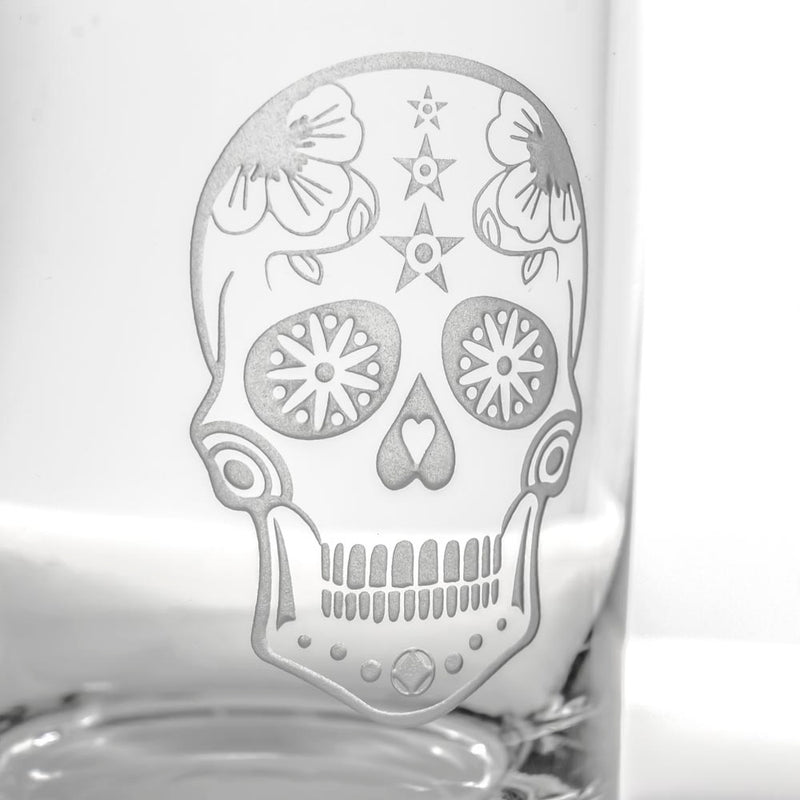 Rolf Glass Sugar Skull 11oz On the Rocks Whiskey Glass detailed sand engraving