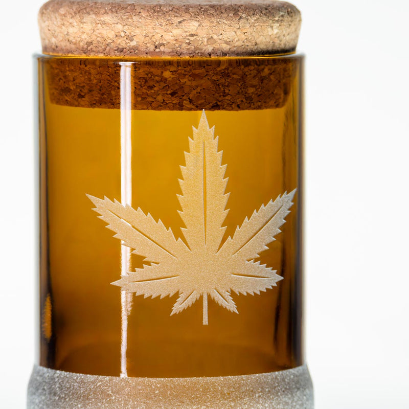Rolf Glass Twice Around Go Green! 3.5in Stash Jar & Cork Stopper with detailed engraving and stopper
