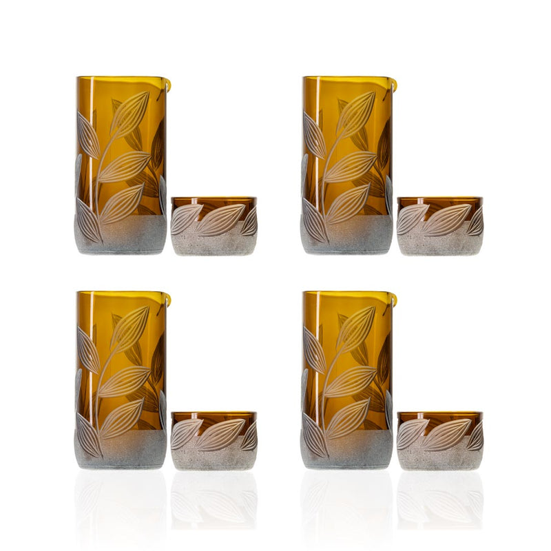 Rolf Glass Twice Around Citrus Garden Mocha 13oz Pitcher and 2" sipper glasses set of 2 pack of 4
