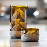 Rolf Glass Twice Around Citrus Garden Mocha 13oz Pitcher and 2" sipper glasses set of 3 detailed engraving