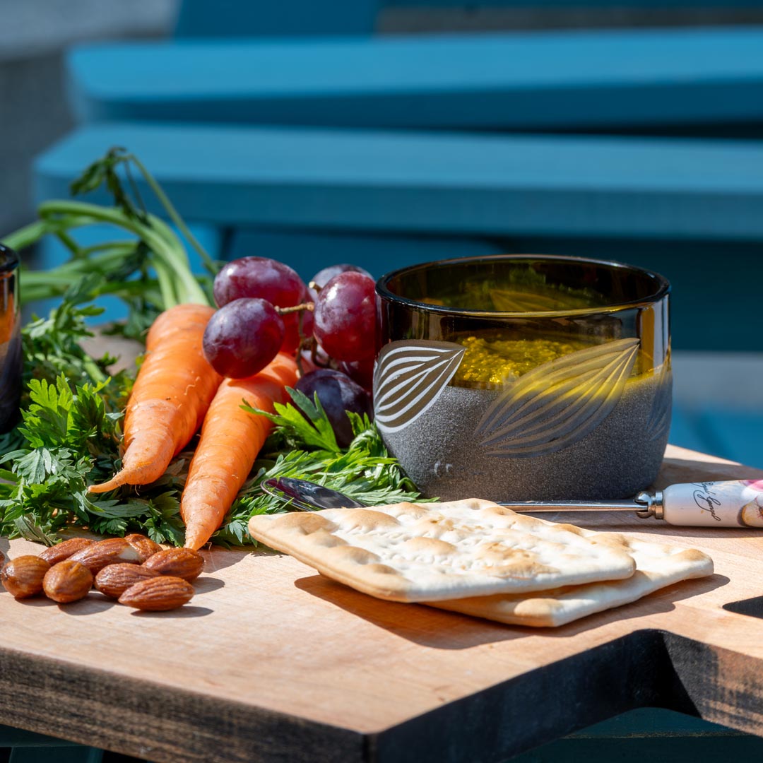 Rolf Glass Twice Around Citrus Garden Mocha 2in Mini Sipper serving up some fresh healthy dips