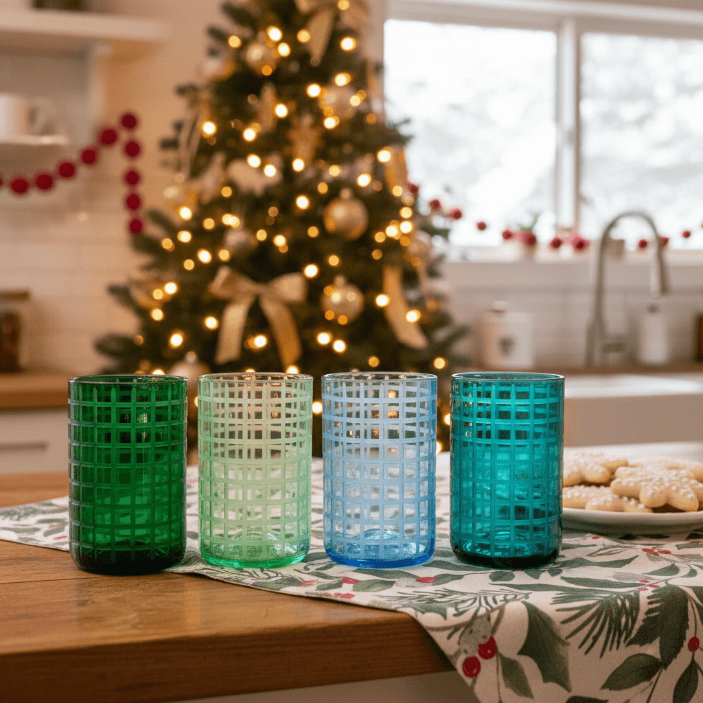 Four colorful textured glasses on a table with a Christmas tree in the background