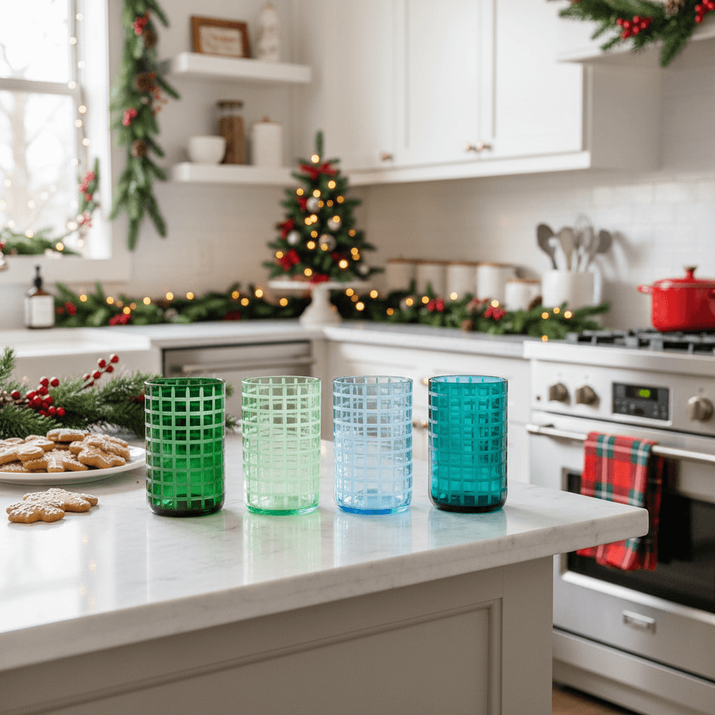 Colorful glass tumblers on a kitchen counter with Christmas decorations.
