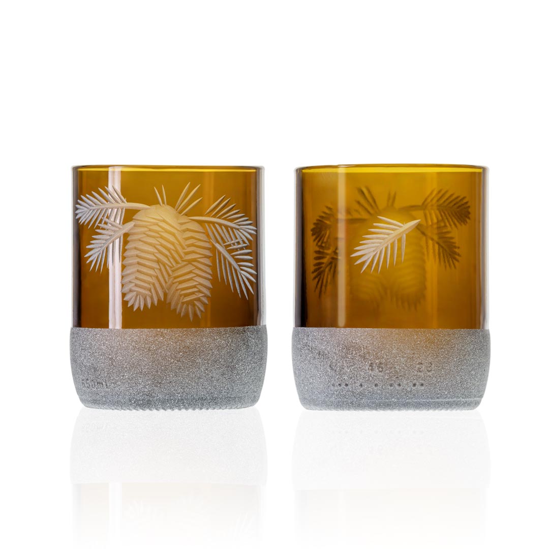 Rolf Glass Twice Around Woodland Pine 8oz Mocha Tumbler set of 2 glasses in a giftbox