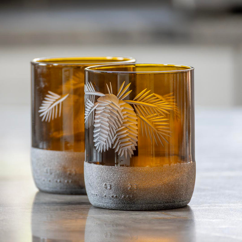 Rolf Glass Twice Around Woodland Pine 8oz Mocha Tumbler set of 2 glasses in a gift box is beautifully repurposed
