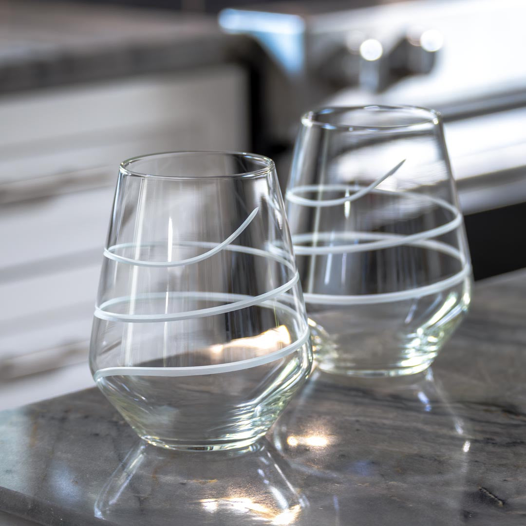 Rolf Glass Twist 18oz Stemless Wine Tumblers in the kitchen
