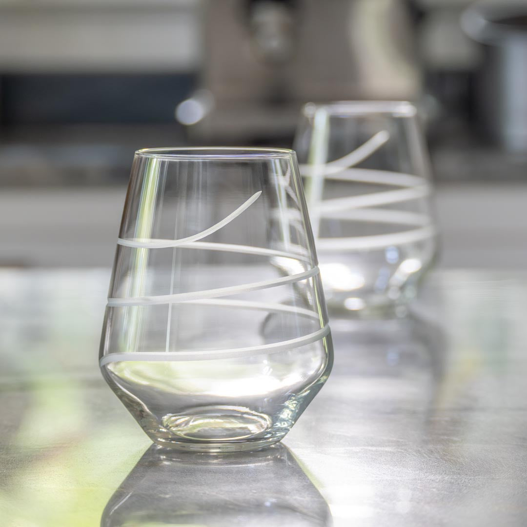 Rolf Glass Twist 18oz Stemless Wine Tumblers in the kitchen