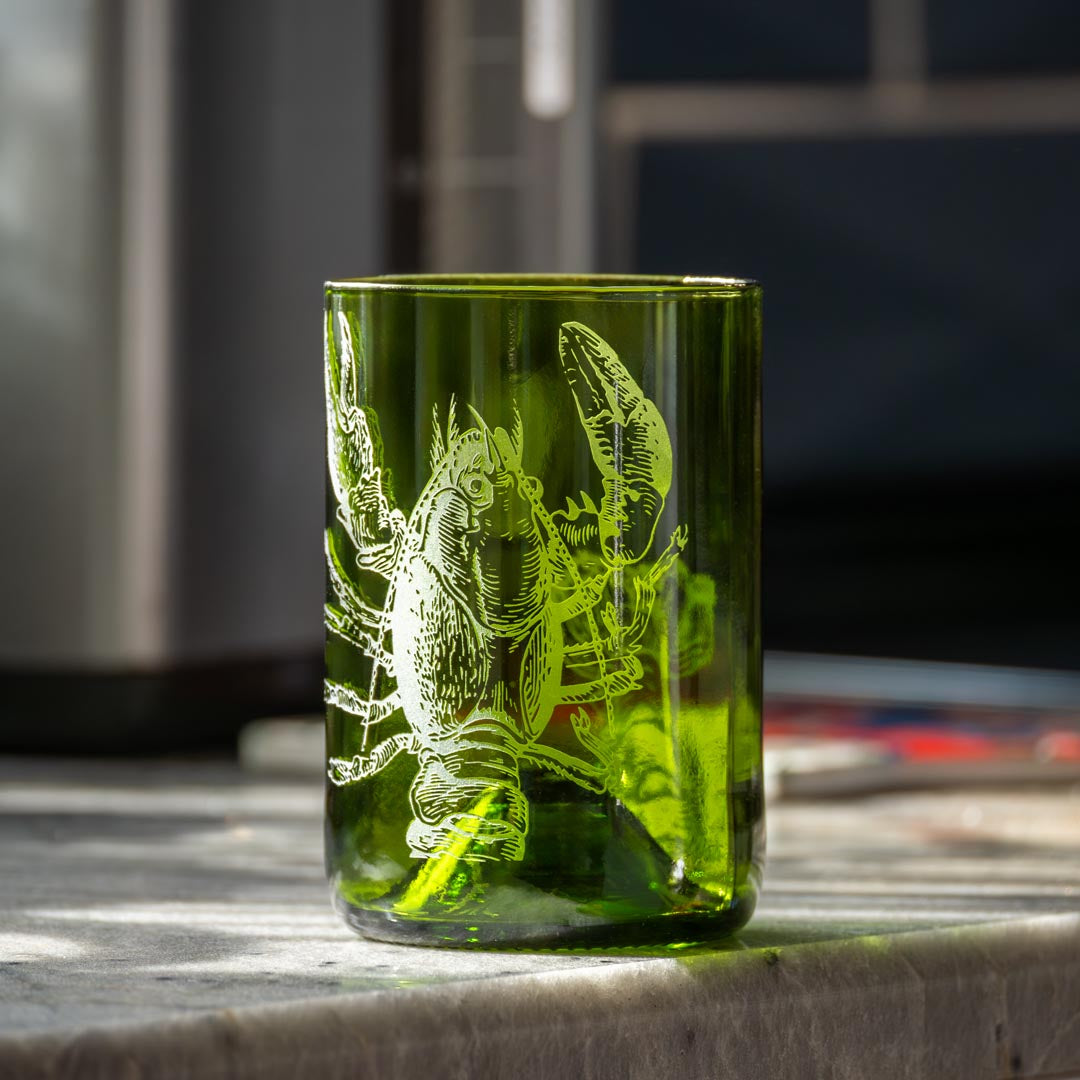Upcycled Lola Lobster 12oz Dark Green Repurposed Tumbler in the kitchen by Rolf Glass
