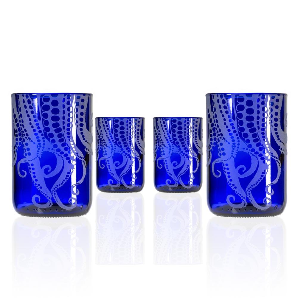 Upcycled Oscar Octopus 12oz Blue Repurposed Tumbler | Set of 4 - Thumbnail 3